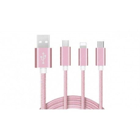 Кабель 3в1 USB 2.0 AM - Micro-B/iPhone Lightning/Type-C 1.0 метр pink  - 1