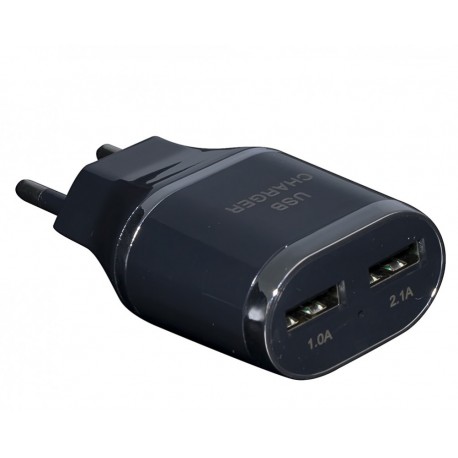 Адаптер мережевий 220В 5V 2.1A/1.0A USB 2 порти чорний